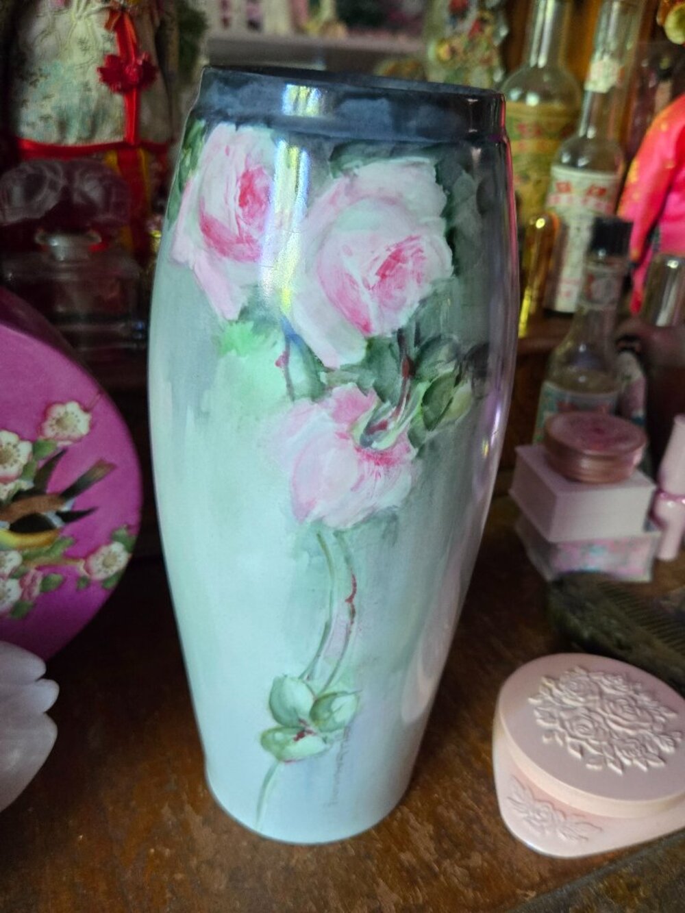 H&C Bavaria Hand Painted Pink Rose Vase Romantic HP Cottagecore Garden Whimsy